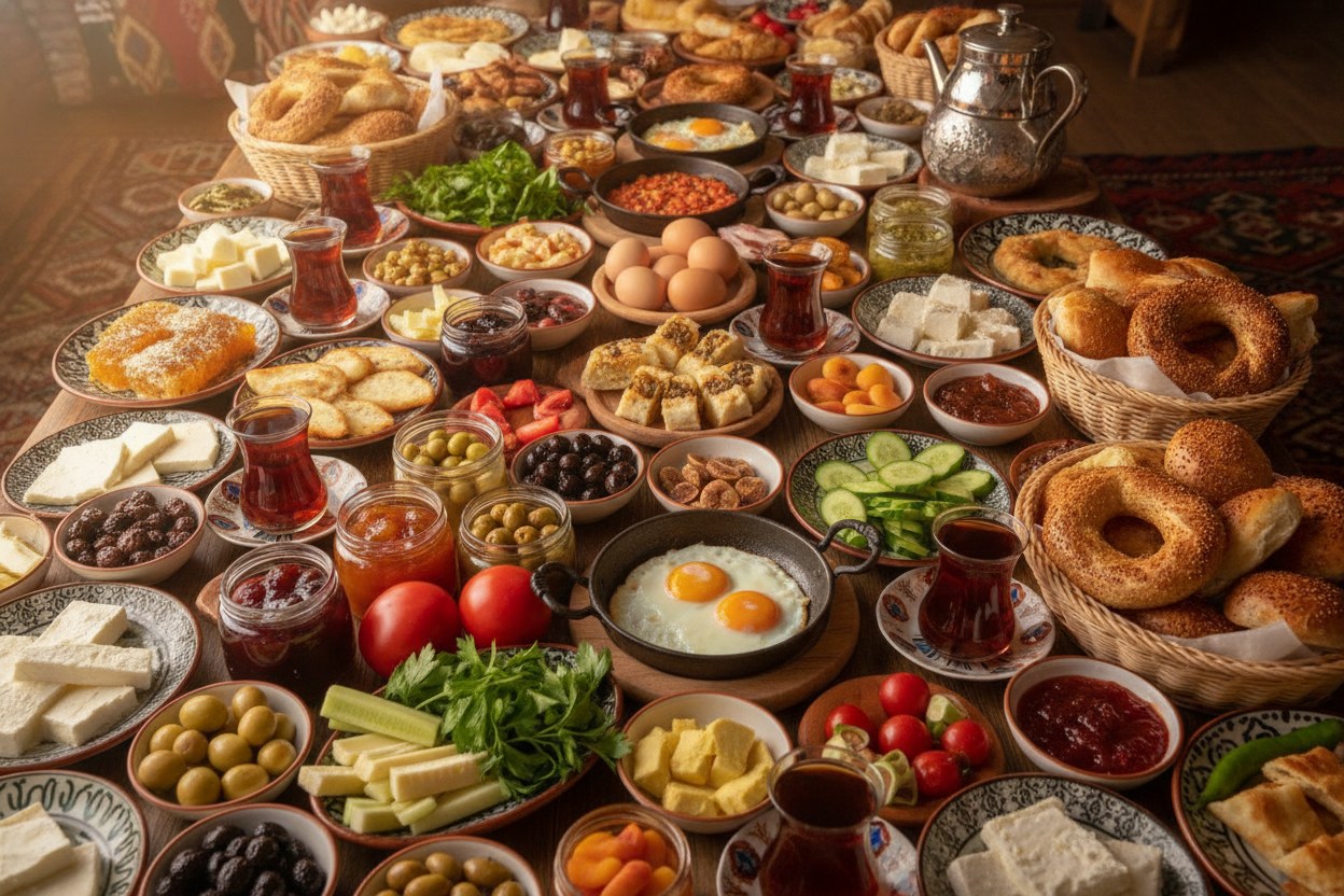 Kurulmuş serpme kahvaltı sofrası
